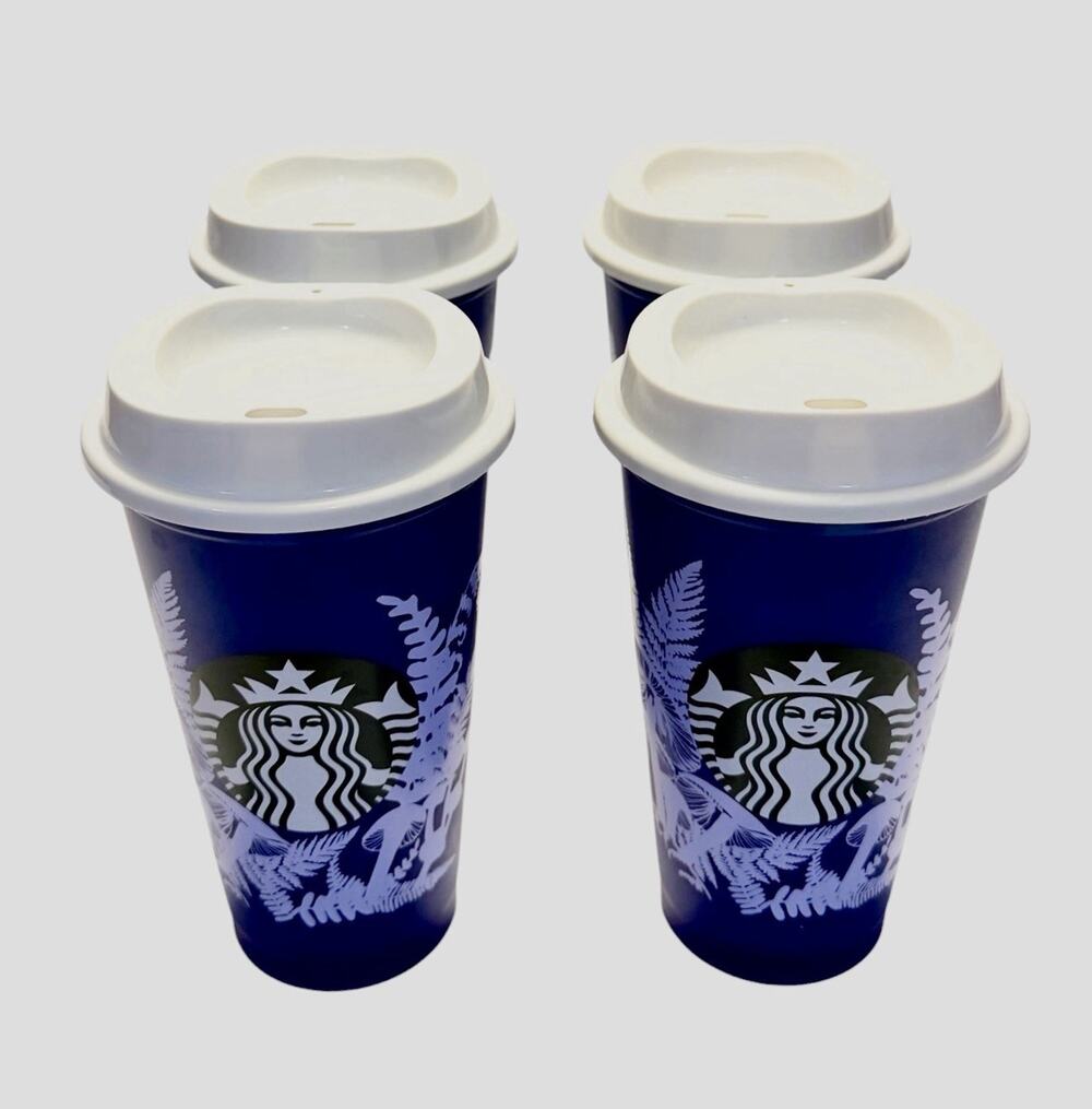 Starbucks Fall 2022 Set of 4 Reusable Blue Purple Mushroom Color Changing Cups